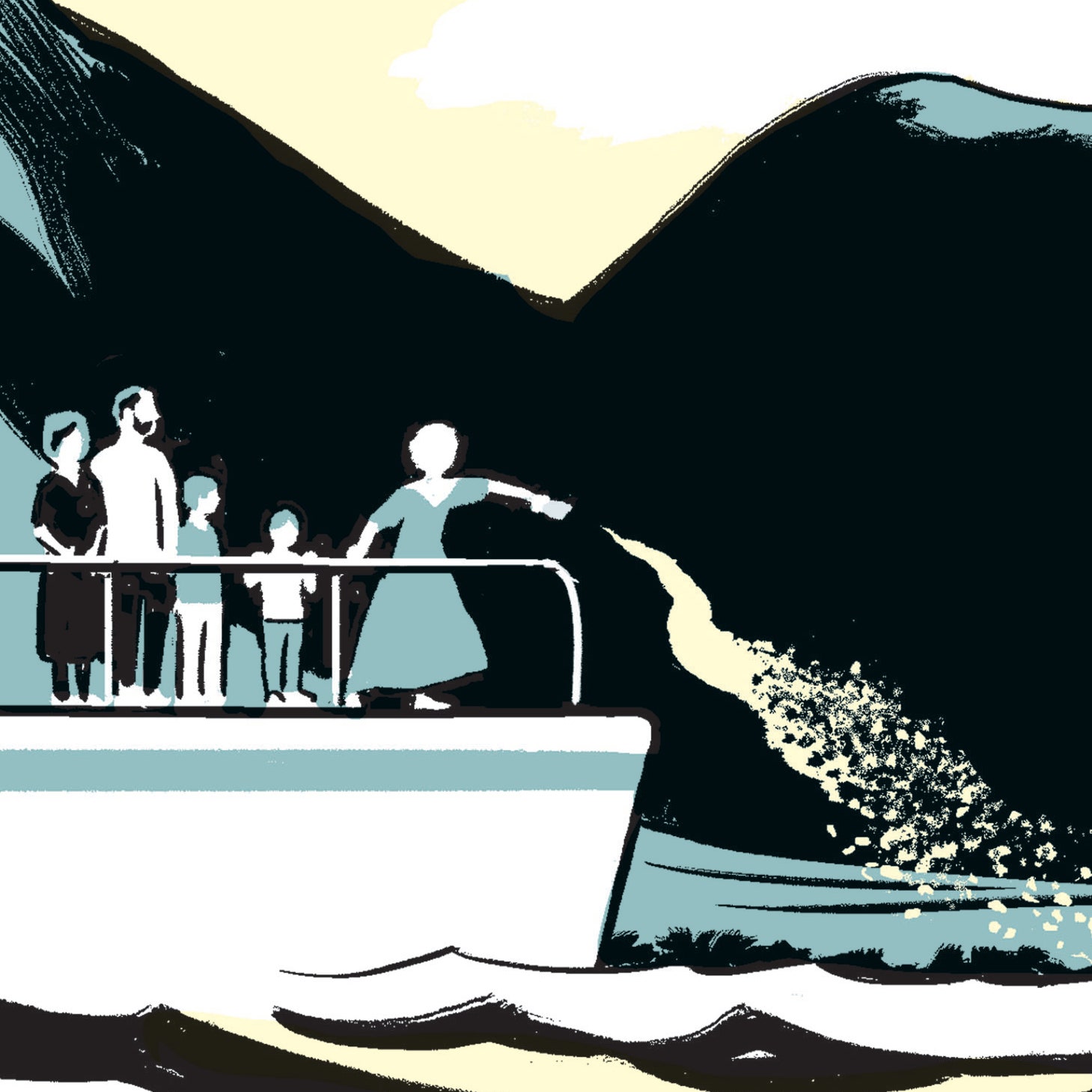 A family gathers on a boat as the grandmother scatters ashes into the ocean.