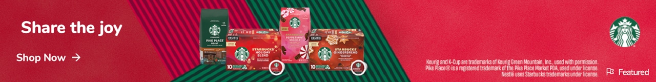 Advertisement: Nestle Starbucks Coffee. Share the joy. Shop Now.