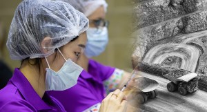 Health workers administering a vaccine/an open-cut coal mine (Image: Adobe/AAP/Richard Wainwright)