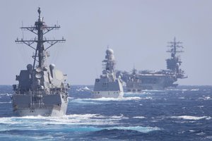 MEDITERRANEAN SEA (March 11, 2021) The Arleigh-Burke class guided-missile destroyer USS Thomas Hudner (DDG 116), left, the Italian navy Carlo Bergamini-class frigate ITS Virginio Fasan (F 591), the Hellenic Navy Hydra-class frigate HS Psara (F 494) and the Nimitz-class aircraft carrier USS Dwight D. Eisenhower (CVN 69), right, are underway in formation, March 11, 2021.