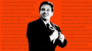 Black and white photo of Florida Governor Rob DeSantis appears on a red background. The background shows rows of black text that list various dollar amounts and donor names.