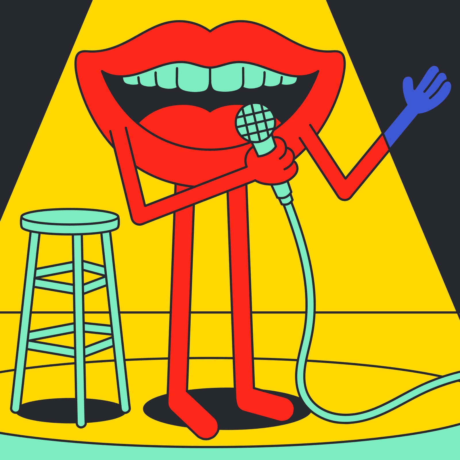 Illustration of a large mouth doing stand up on stage.