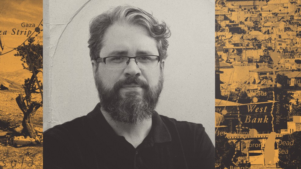 A black and white headshot of a white man with a beard and glasses on a orange and black background.