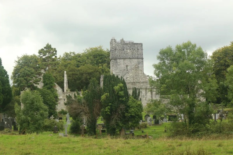 Ruin of an abbey in between green trees