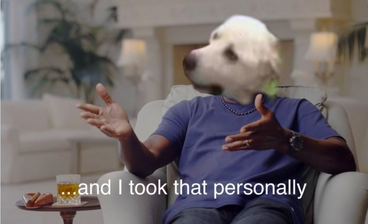 the dog's head on Michael Jordan's body as he says "and I took that personally."