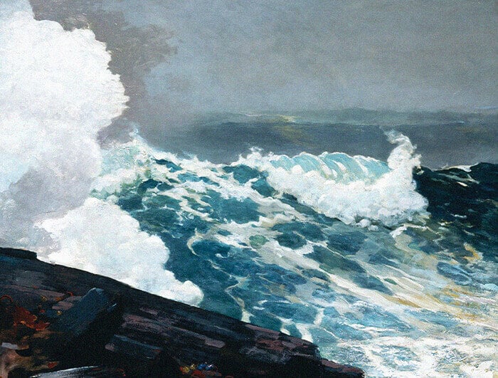 An oil painting of waves on the open sea.