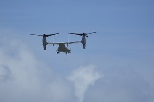 A U.S. MV-22B Osprey transport aircraft flies back to the U.S. Marine Corps Air Station Futenma in Ginowan, south of Okinawa, southern Japan, Wednesday, Sept. 6, 2023