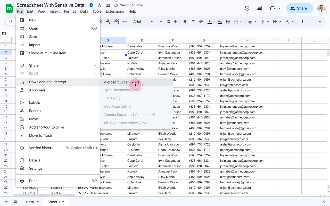 Export client-side encrypted spreadsheets to Excel files