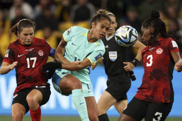 Australia’s Mary Fowler attempts a shot at goal.