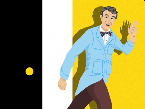 Illustration of Bill Nye walking through a yellow door that matches the Sidedoor logo.