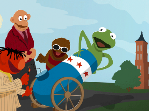 An illustration of a group of muppets next to the Smithsonian castle.