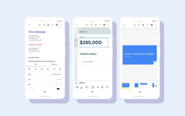 Screenshots of Google Docs, Slides, and Sheets with the Material redesign.