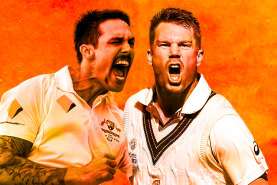 Feuding teammates Mitchell Johnson and David Warner.