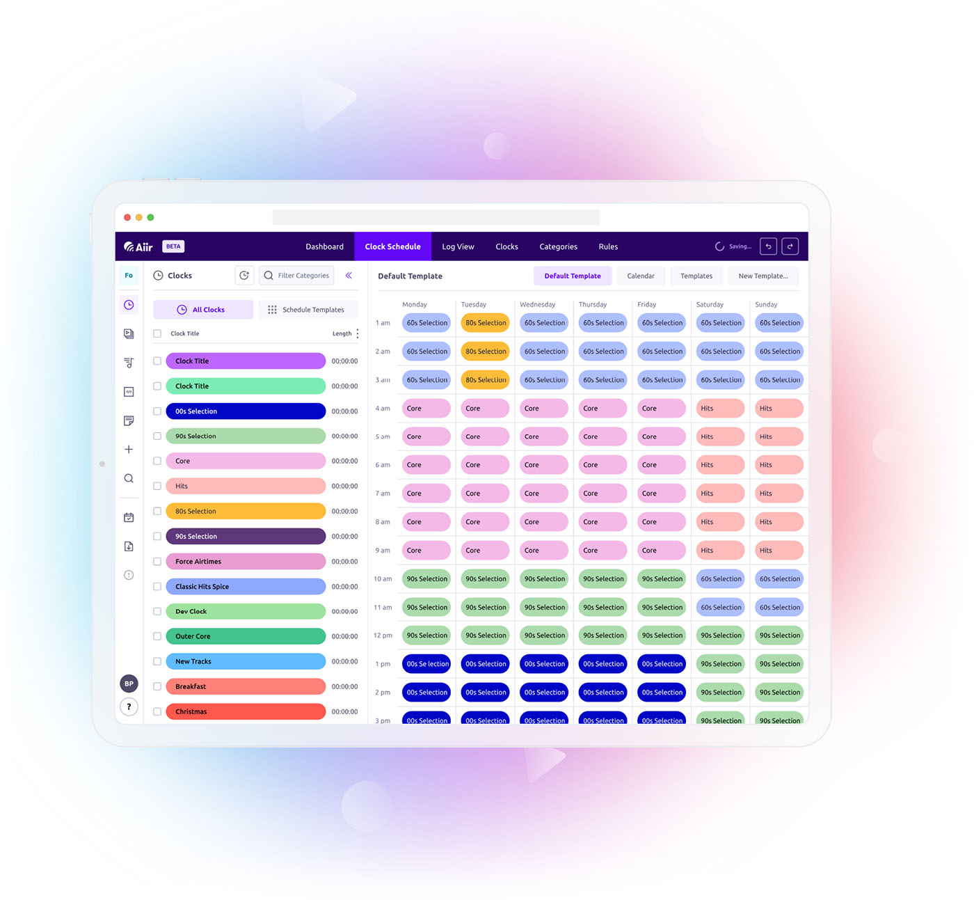 Screenshot of the Aiir Music Scheduler shown on an iPad