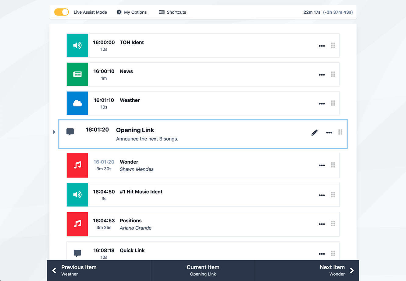 Screenshot of the Showhost Live Assist mode, with items in a radio programme running order