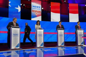 Republican presidential candidates former New Jersey Gov. Chris Christie, left, former U.N. Ambassador Nikki Haley, Florida Gov. Ron DeSantis and businessman Vivek Ramaswamy prepare before a Republican presidential primary debate hosted by NewsNation on Wednesday, Dec. 6, 2023, at the Moody Music Hall at the University of Alabama in Tuscaloosa, Ala.