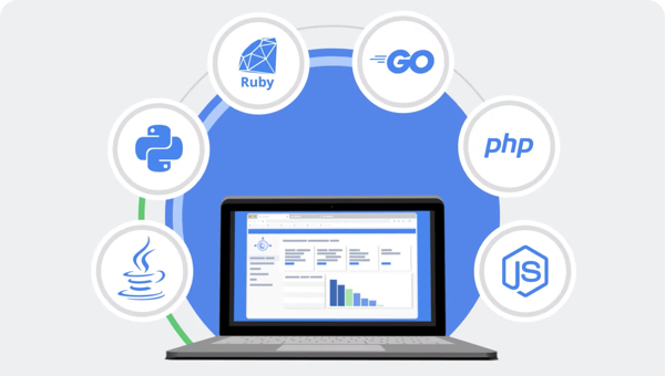 Computer monitor displaying graphed data encircled with 6 logos of programming tools: Java, Node.js, Go, Ruby, Python and PHP