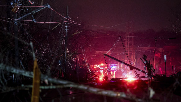 Damage from severe weather and an apparent tornado is seen on Nesbitt Lane in the Madison area of Nashville late on Saturday, December 9.