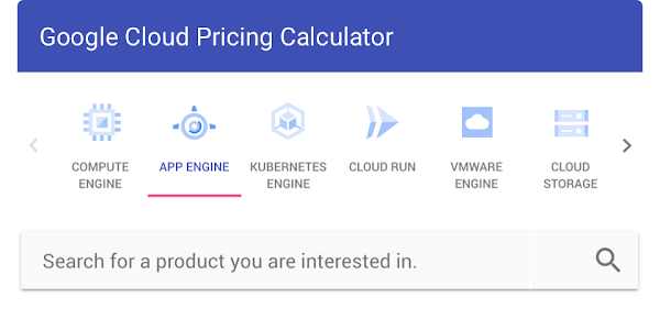 Screen shot of the Google Cloud Pricing Calculator, with product icons and 'Search for a product you are interested in'