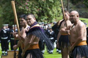 Maori warriors issue Secretary of Defense Leon E. Panetta a wero, or challenge, during a Powhiri ceremony while visiting Auckland, New Zealand Sept. 21, 2012. The ceremony  is an ancient Maori tradition used to determine if visitors came in peace or with hostile intent. DoD photo by Erin A. Kirk-Cuomo (Released)