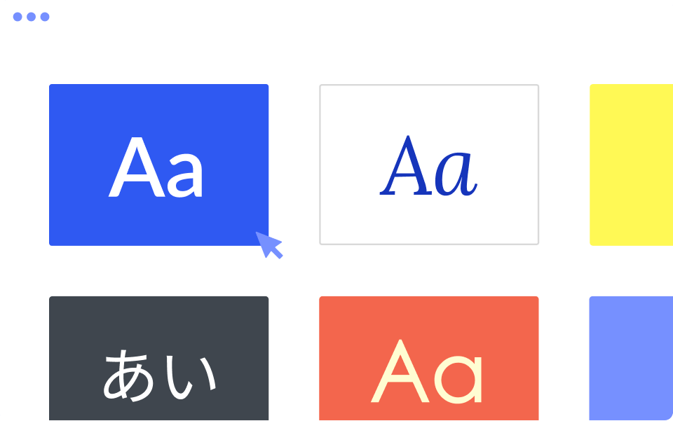 Ilustración que muestra una cuadrícula de diferentes estilos tipográficos y opciones de color, con una flecha del cursor haciendo una selección.