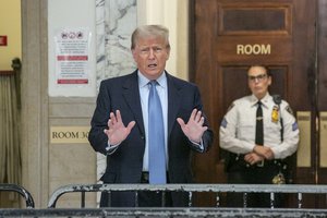 Former President Donald Trump speaks in New York City on Wednesday, October 18, 2023, outside the New York Supreme Court room where the civil fraud trial is underway that imperils his real estate empire