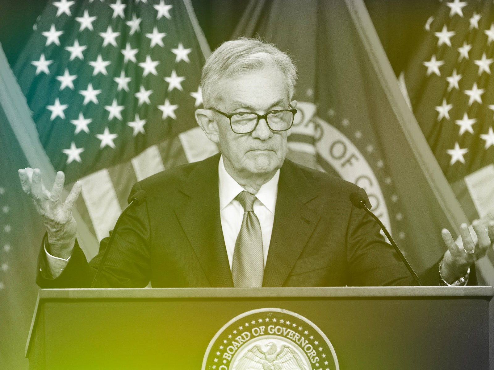 A photo of the Federal Reserve chair Jerome Powell attending a press conference in Washington D.C.