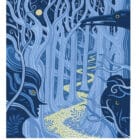 blue and yellow drawing with celtic-style raven and bear in the nighttime woods