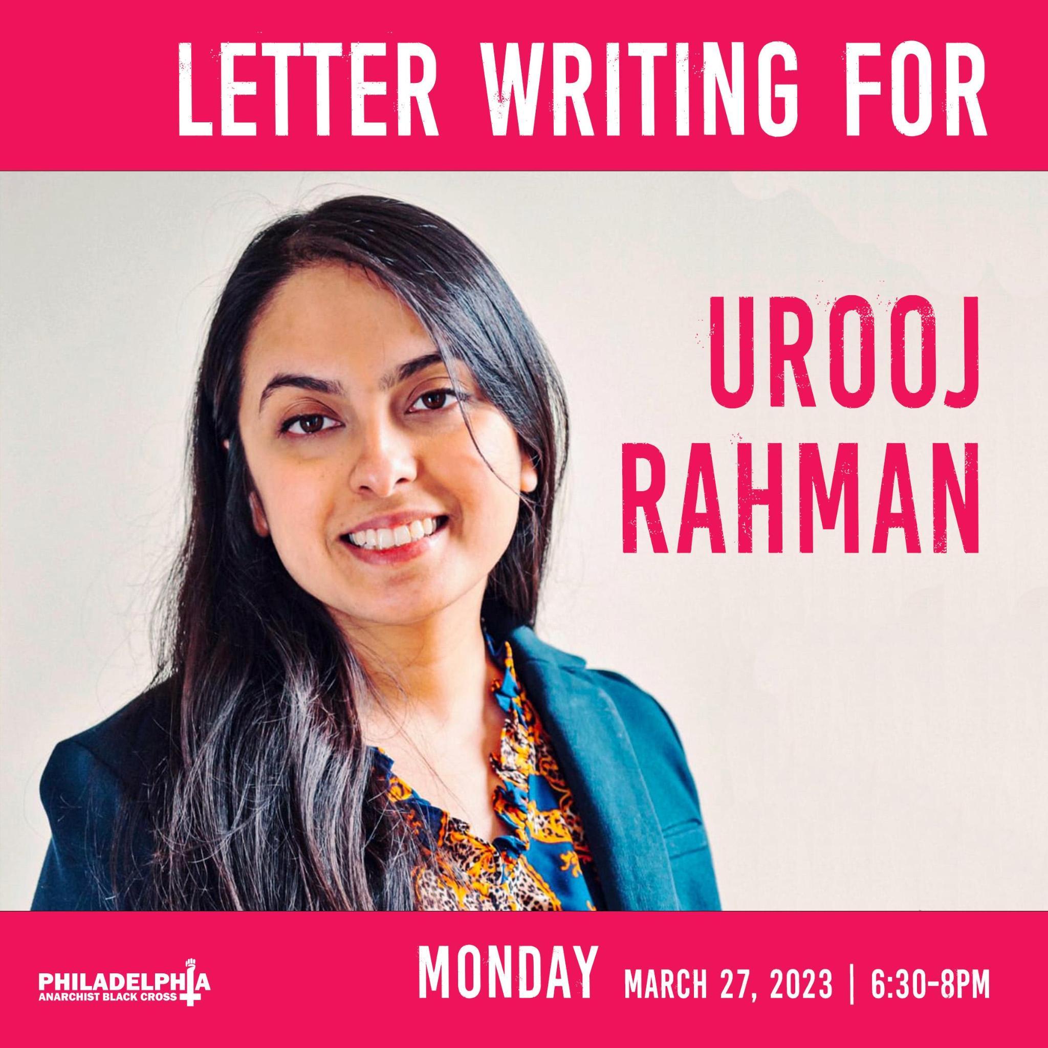 Monday, March 27th: Letter-writing for Urooj Rahman