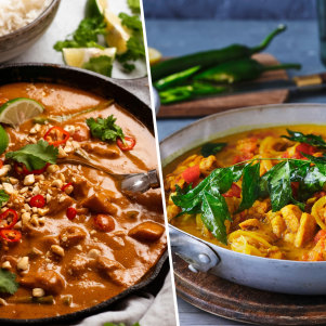 RecipeTin Eats’ Thai satay chicken curry (left) and Adam Liaw’s quick chicken curry.