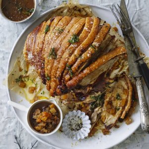 Adam Liaw - Christmas recipe : Roast crackling pork with mustard gravy and summer fruit chutney.