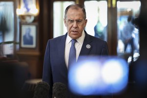 Sergey Lavrov speaks to the media on the sideline of Foreign ministers of the Shanghai Cooperation Organization meeting in India