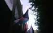 A picture aimed up in the air, three flags are visable along side the high fence of a prison wall on the left, and trees and bushes to the right. The flags are two 'trans anarchist' flags, and one red and black anarchist federation flag