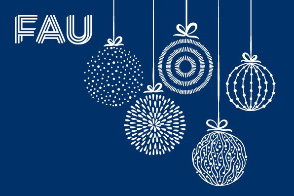 Illustration Christbaumkugeln in weiß auf blau mit FAU-Logo