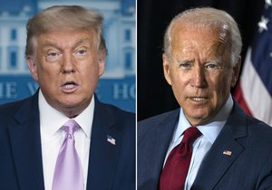 In this combination photo, president Donald Trump, left, speaks at a news conference and Joe Biden speaks in Wilmington, Del.