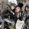 An illustration depicts a scene from “A Christmas Carol” of Bob Cratchett carrying Tiny Tim