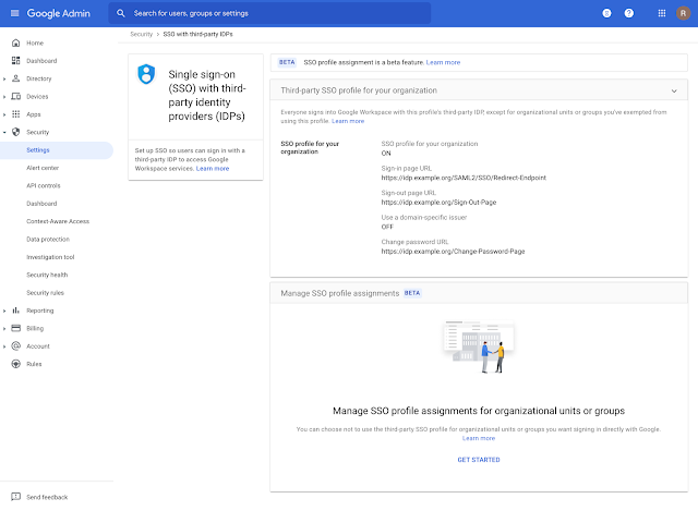 Image description: Within the Admin console, navigate to Security > Settings > Set up single sign-on (SSO) with a third party iDP > Manage SSO Profile assignments to specify a specific OU or Group who should identify using Google.