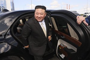 North Korea's leader Kim Jong Un arrives for his meeting with Russian President Vladimir Putin at the Vostochny cosmodrome outside the city of Tsiolkovsky, about 200 kilometers (125 miles) from the city of Blagoveshchensk in the far eastern Amur region, Russia, on Wednesday, Sept. 13, 2023