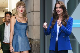 Taylor Swift at the VMAs in a denim dress with bold red lip and Princess Catherine in her preferred skinny jeans.