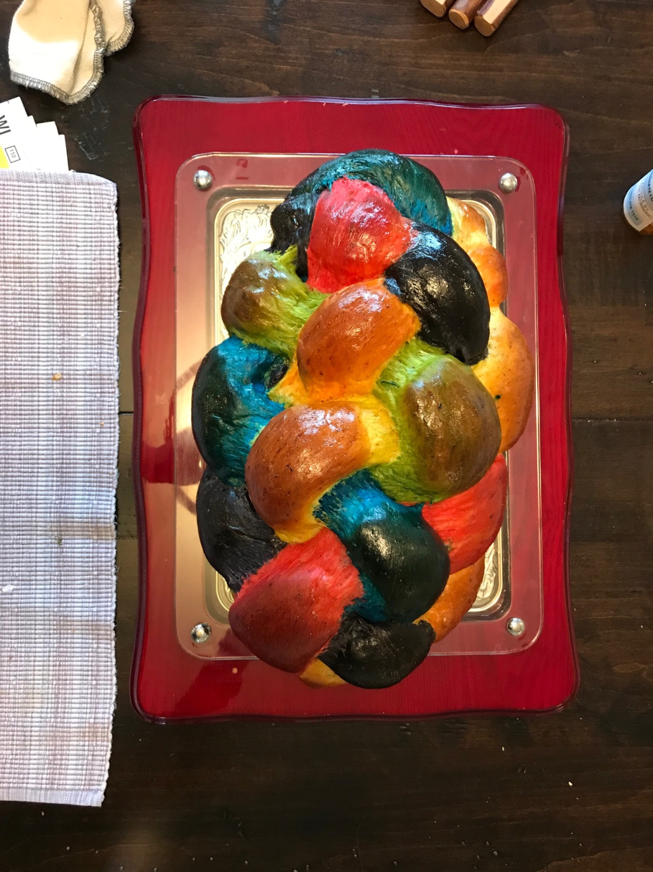 A colorful challah, baked