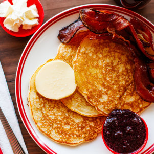 Pancakes can be customised by adding maple bacon, cream or blueberry compote.