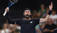 Jordan Thompson of Australia celebrates winning his match against Rafael Nadal.