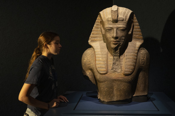 A granite bust of Mernepth at the Ramses & the Gold of the Pharaohs exhibition at the Australian Museum.