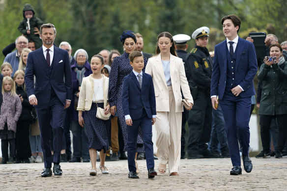 Danish Crown Prince Frederik (left) and Crown Princess Mary (behind centre) arrive with (from right) Prince Christian, Princess Isabella, Prince Vincent and Princess Josephine, for Christian’s confirmation at Fredensborg Castle Church in 2021.