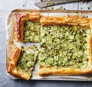 Five-ingredient zucchini cheese tart with honey and pistachio recipe. 