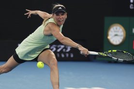 Denmark’s Caroline Wozniacki during her match against Magda Linette on Sunday. Linette, of Poland, retired due to injury.