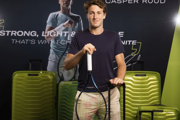 In the bag. Samsonite global ambassador Casper Ruud with a collection of Proxis luggage at Myer, Melbourne.