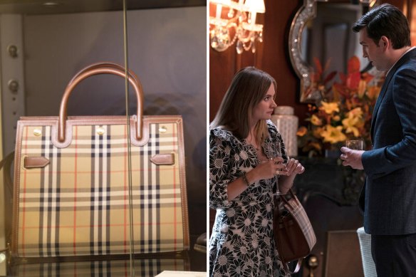 “Ludicrously capacious” … Francesca Root-Dodson and Nicholas Braun in a scene from Succession featuring the infamous Burberry handbag.