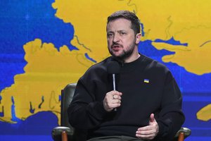 Ukrainian President Volodymyr Zelenskyy speaks during his end-of-the-year news conference in Kyiv, Ukraine, Tuesday, Dec. 19, 2023