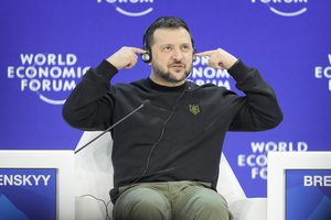 Ukrainian President Volodymyr Zelenskyy gestures after his speech at the Annual Meeting of World Economic Forum in Davos, Switzerland, Tuesday, Jan. 16, 2024. The annual meeting of the World Economic Forum is taking place in Davos from Jan. 15 until Jan. 19, 2024.